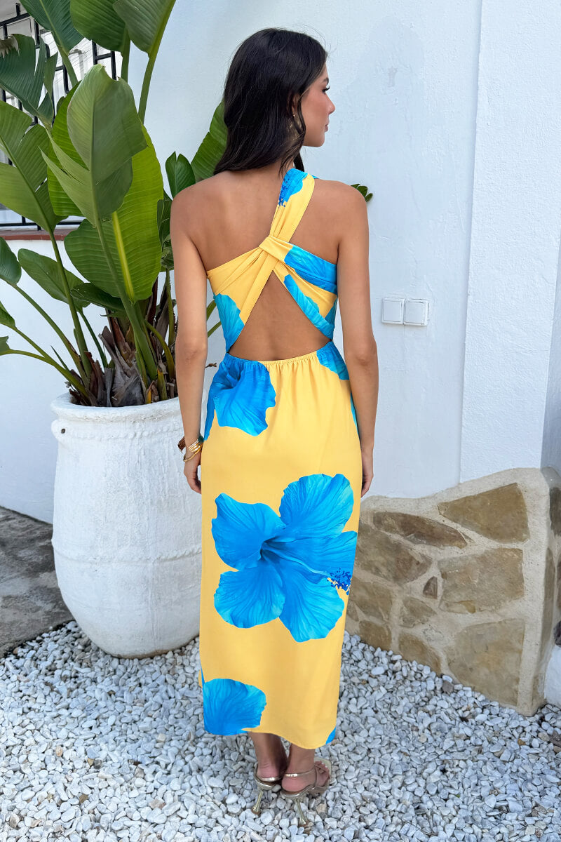 Yellow And Blue Floral Print One Shoulder Twist Back Midi Dress