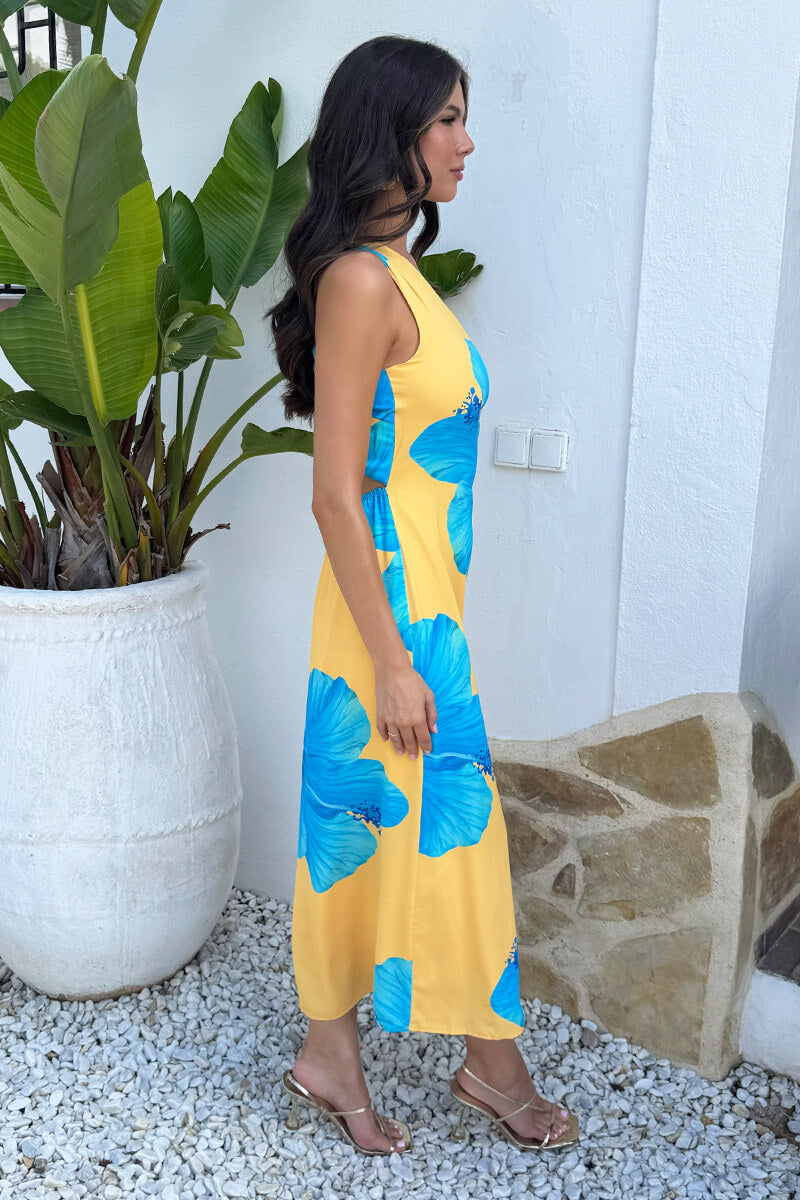 Yellow And Blue Floral Print One Shoulder Twist Back Midi Dress