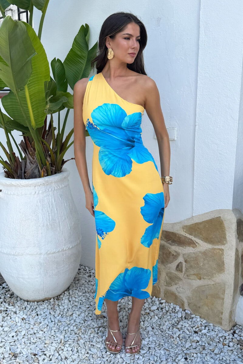 Yellow And Blue Floral Print One Shoulder Twist Back Midi Dress