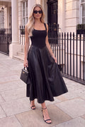 Black Faux Leather 2 in 1 A-line Midi Dress
