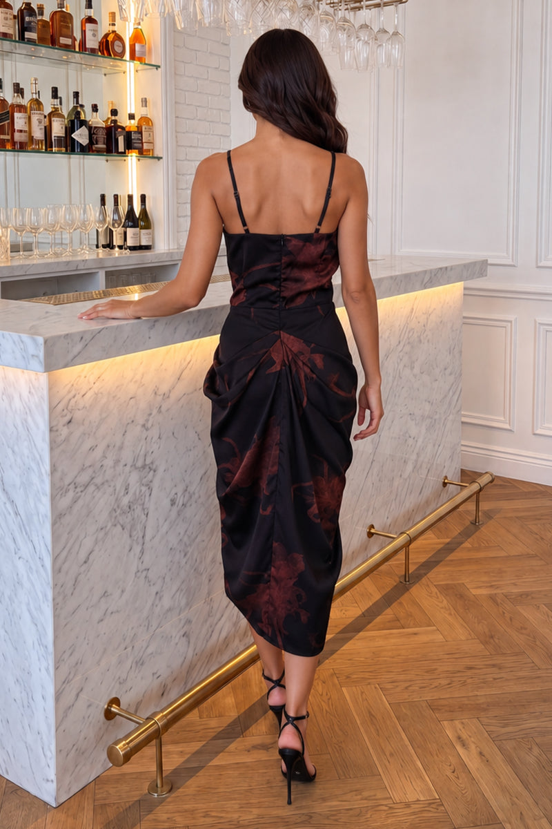 Black Floral Print Strappy Cowl Neck Midi Dress