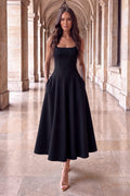 Black Square Neck A-line Midi Dress