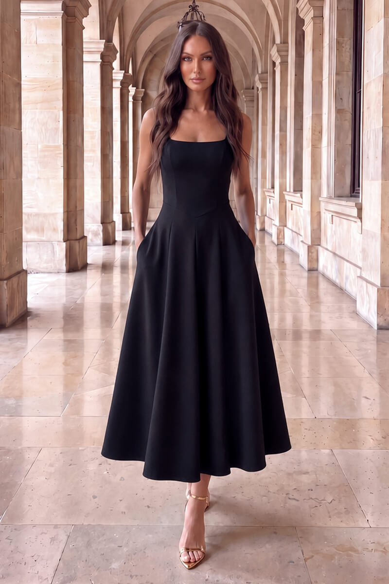 Black Square Neck A-line Midi Dress