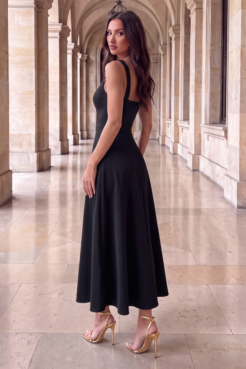 Black Square Neck A-line Midi Dress