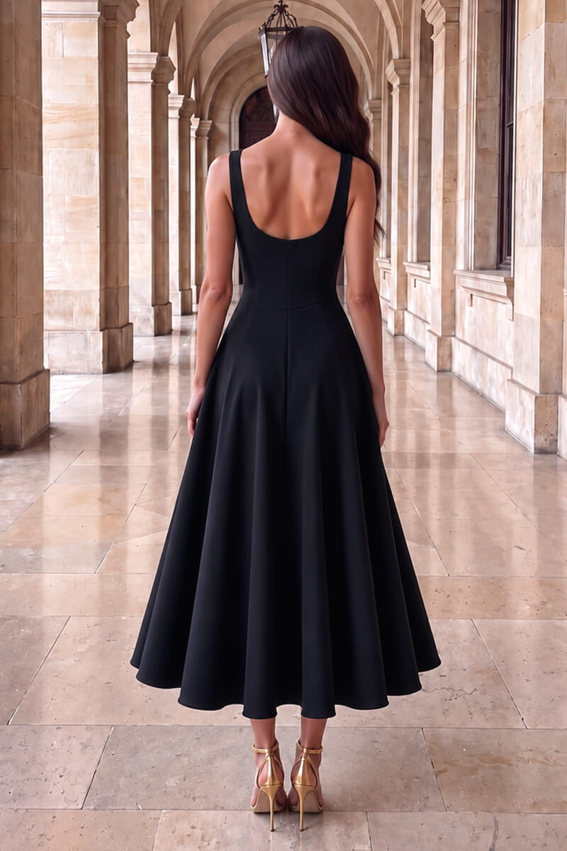 Black Square Neck A-line Midi Dress
