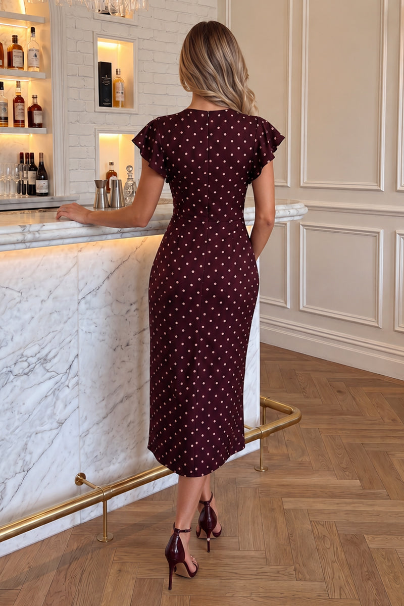 Burgundy Polka Dot Print Flutter Sleeve Wrap Midi Dress