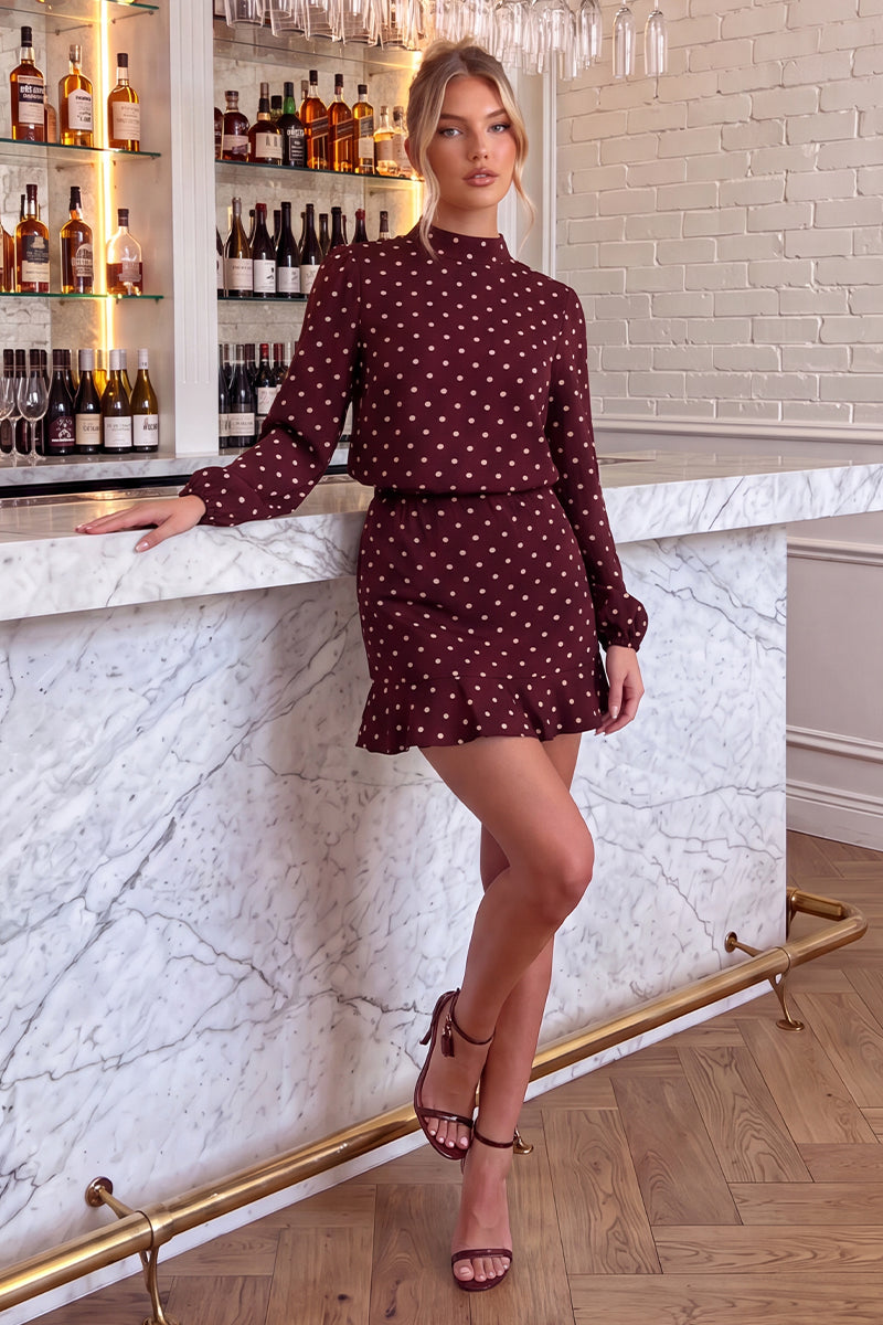 Burgundy Polka Dot Print High Neck Long Sleeve Mini Dress