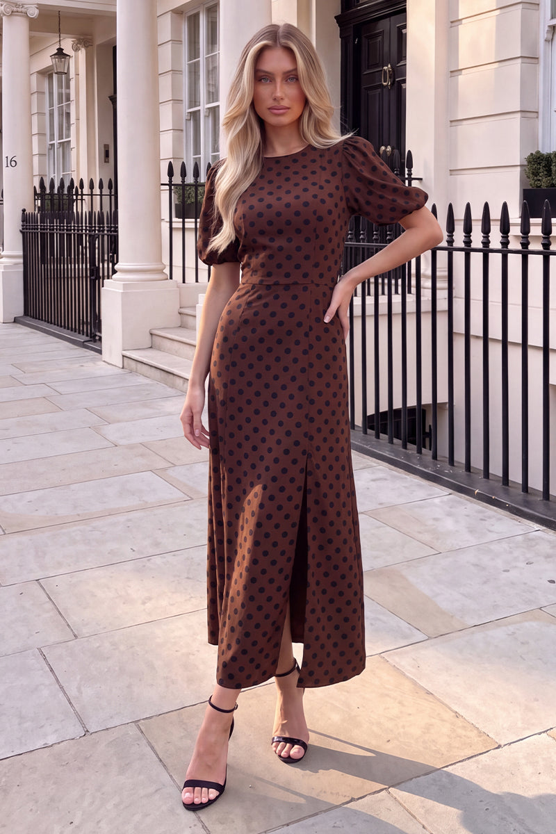 Chocolate And Black Polka Dot Puff Sleeve Midi Dress