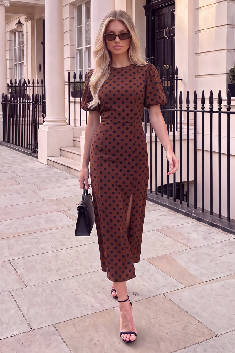 Chocolate And Black Polka Dot Puff Sleeve Midi Dress
