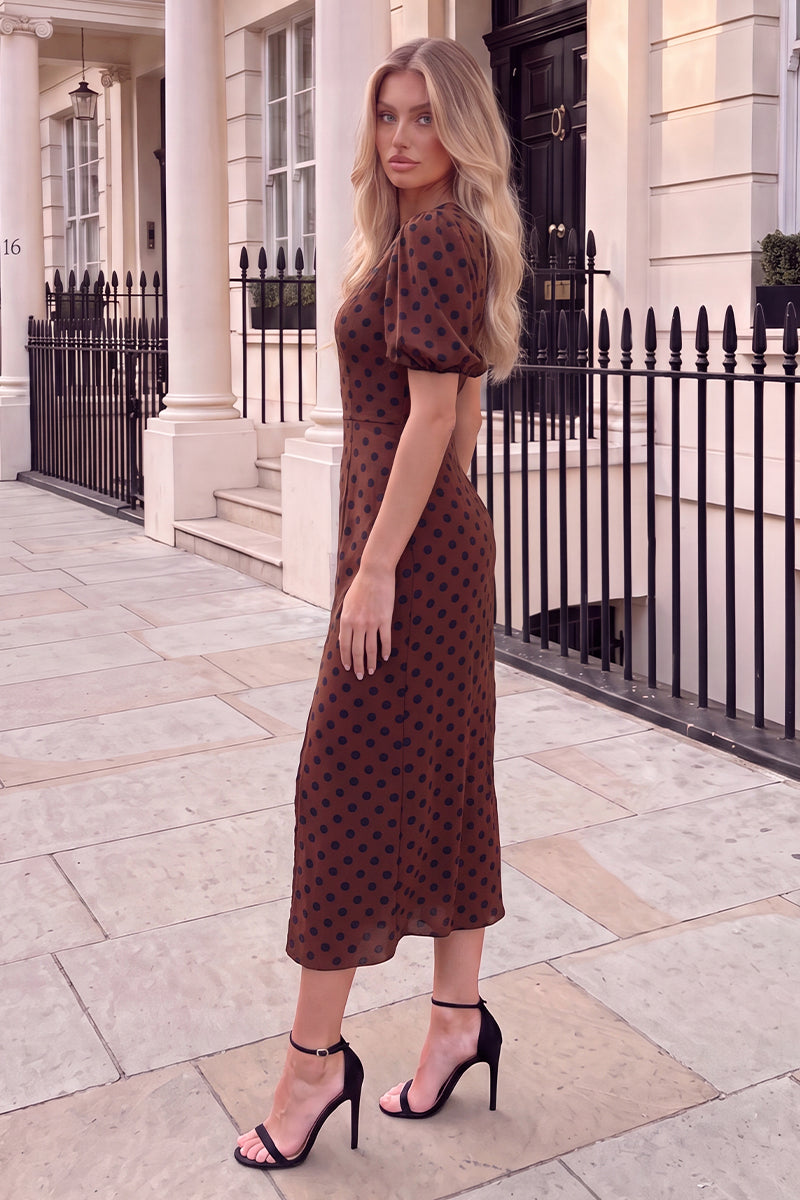 Chocolate And Black Polka Dot Puff Sleeve Midi Dress