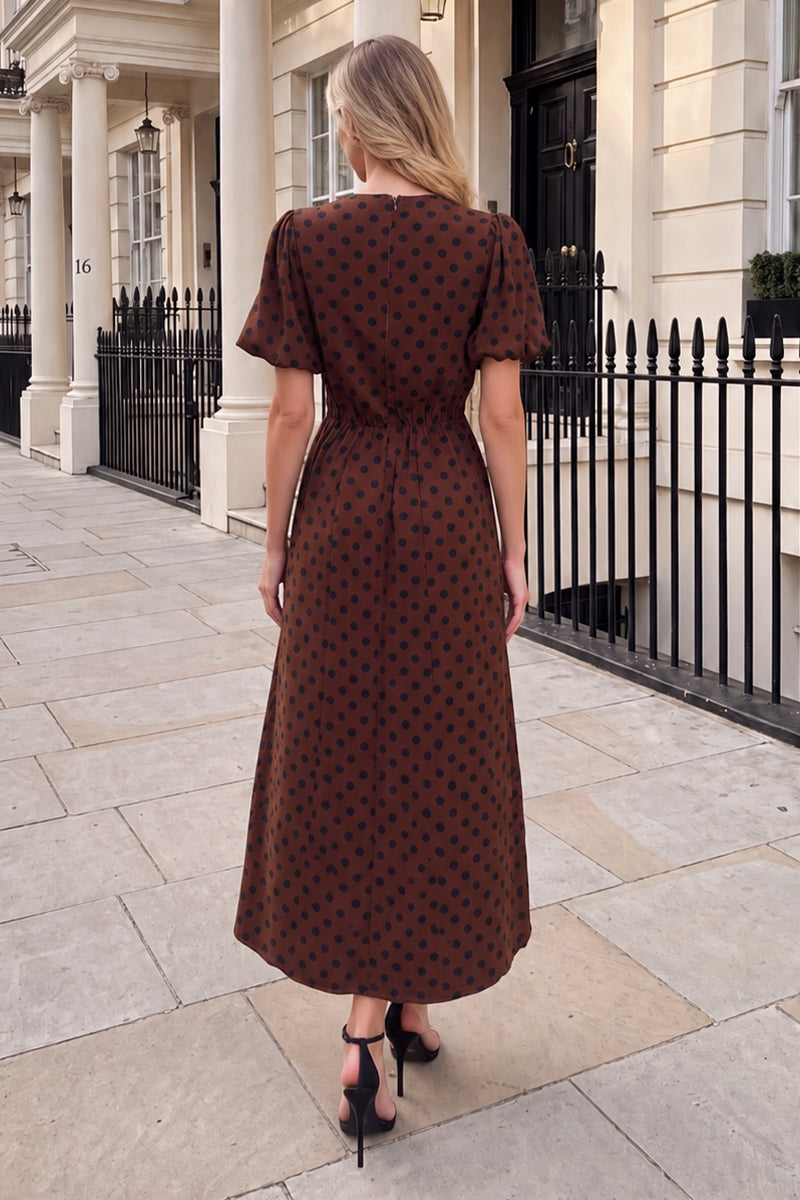 Chocolate And Black Polka Dot Puff Sleeve Midi Dress
