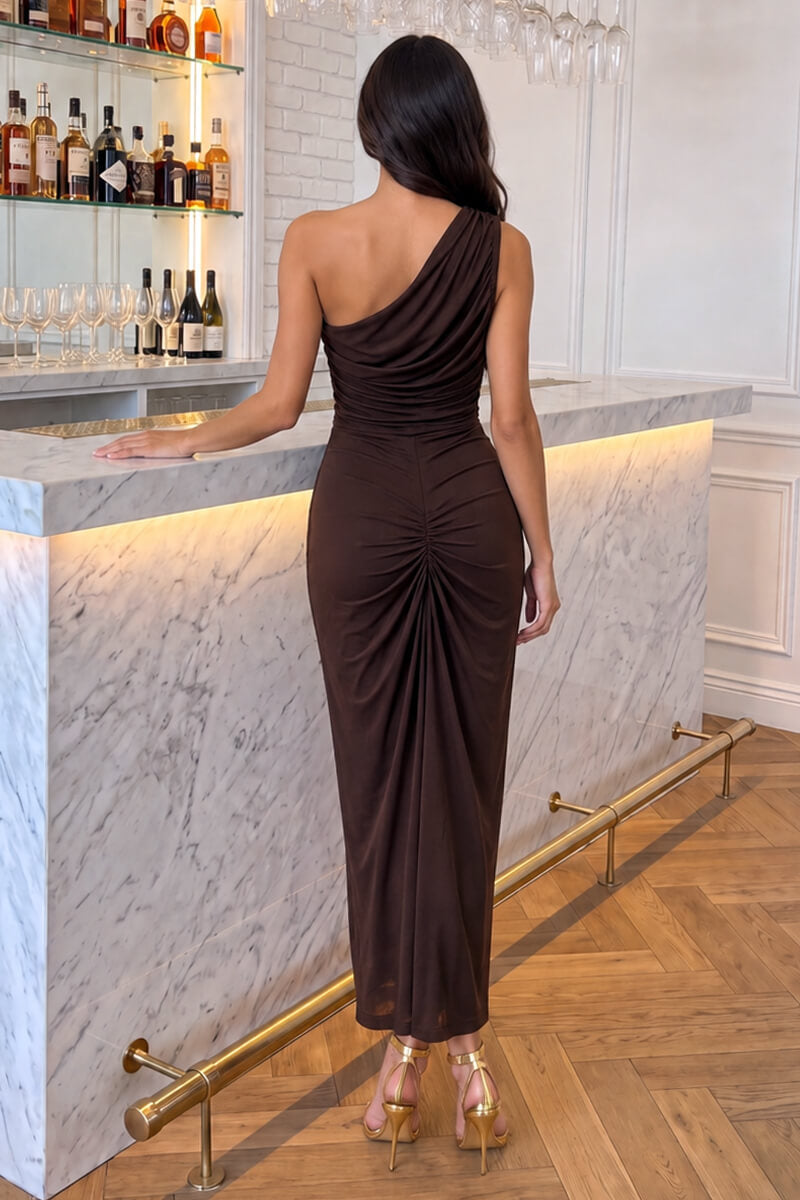 Chocolate One Shoulder Knot Skirt Midi Dress
