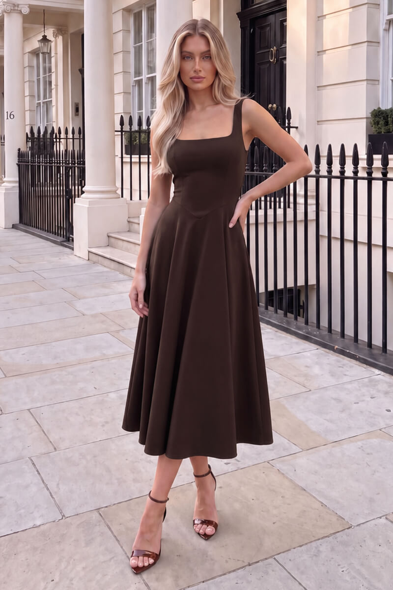 Chocolate Square Neck A-line Midi Dress