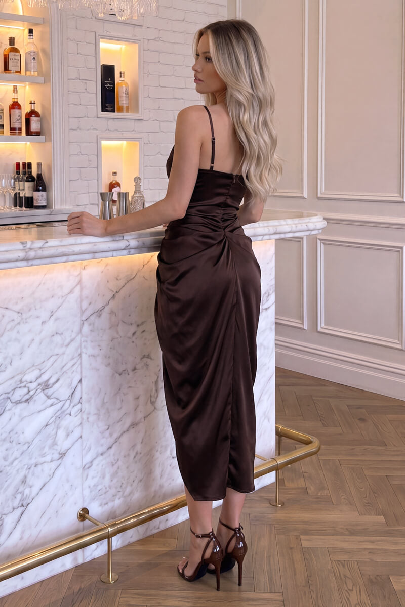 Chocolate Strappy Cowl Neck Gathered Skirt Midi Dress