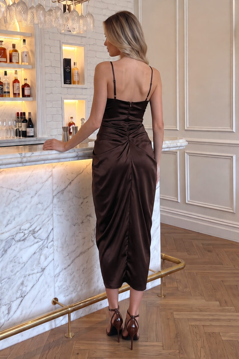 Chocolate Strappy Cowl Neck Gathered Skirt Midi Dress