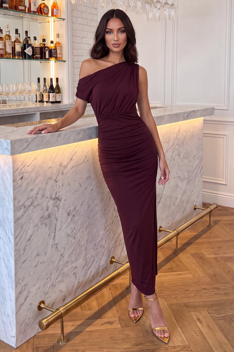 Dark Plum Off The Shoulder Draped Top Midi Dress