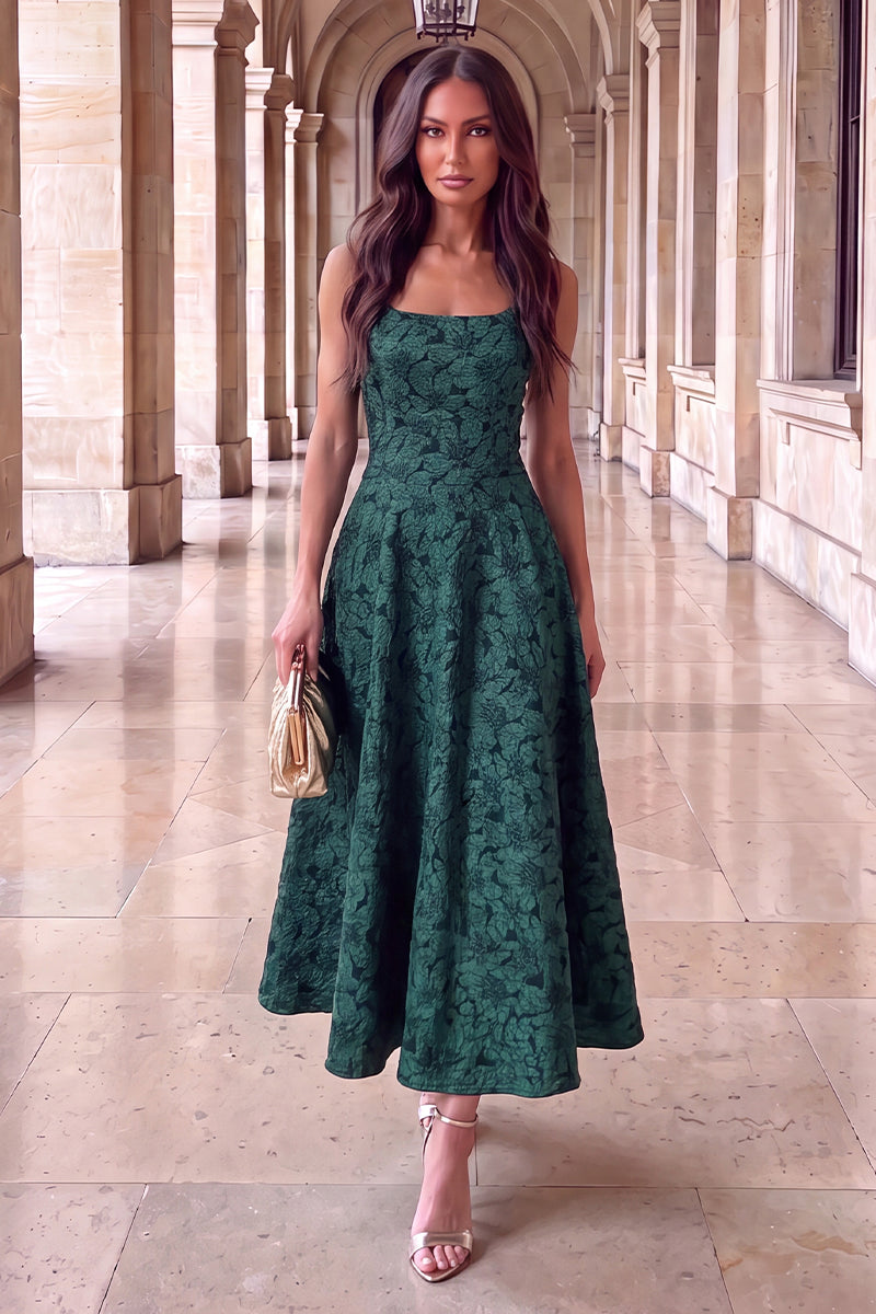 Green Floral Jacquard Square Neck A-line Midi Dress