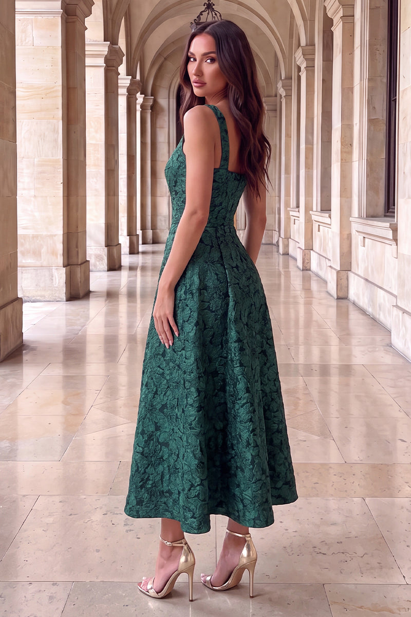 Green Floral Jacquard Square Neck A-line Midi Dress