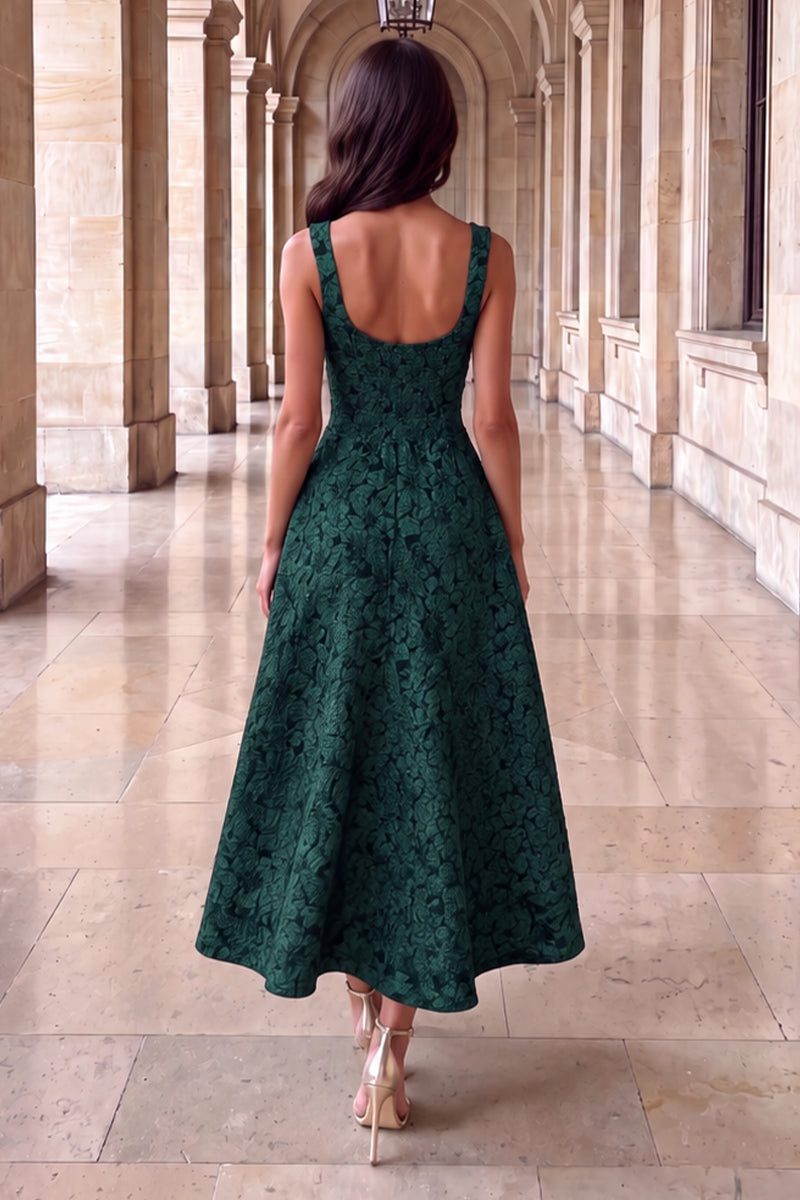 Green Floral Jacquard Square Neck A-line Midi Dress