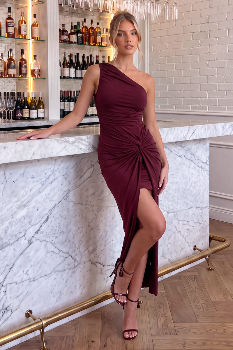 Plum One Shoulder Knot Skirt Midi Dress