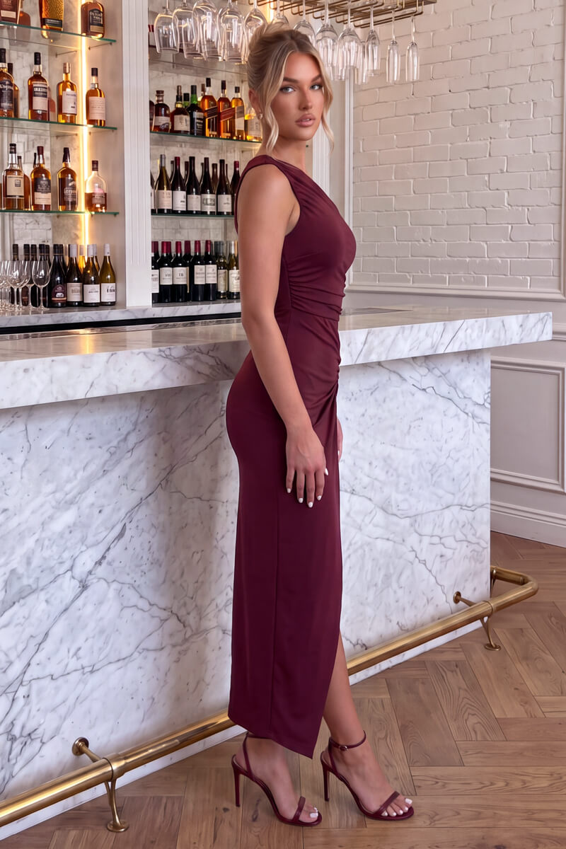 Plum One Shoulder Knot Skirt Midi Dress