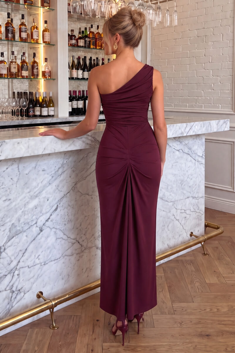 Plum One Shoulder Knot Skirt Midi Dress