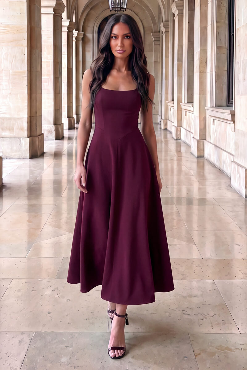 Plum Square Neck A-line Midi Dress