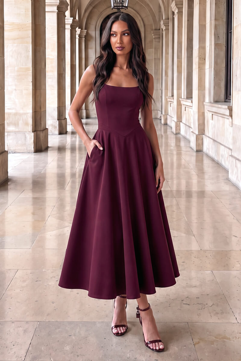 Plum Square Neck A-line Midi Dress