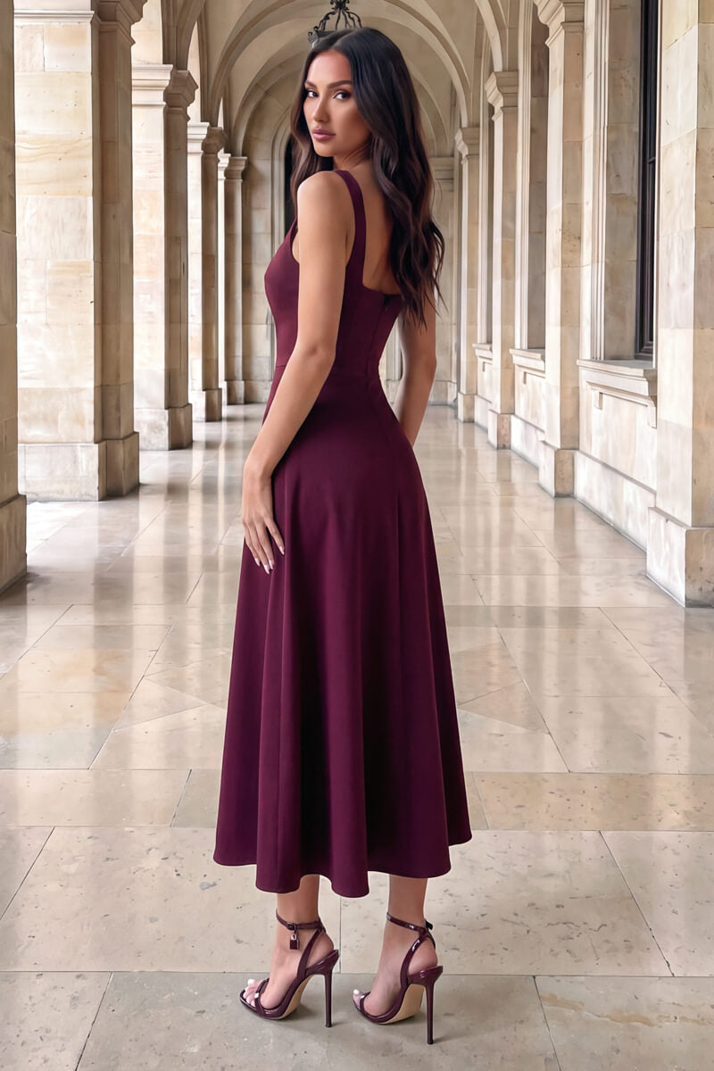 Plum Square Neck A-line Midi Dress
