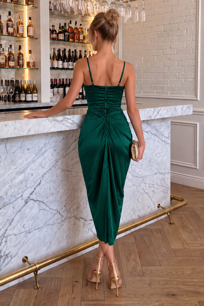 Teal Satin Strappy Cowl Neck Gathered Skirt Midi Dress