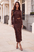 Chocolate Floral Embroidered Cut out Midi Dress