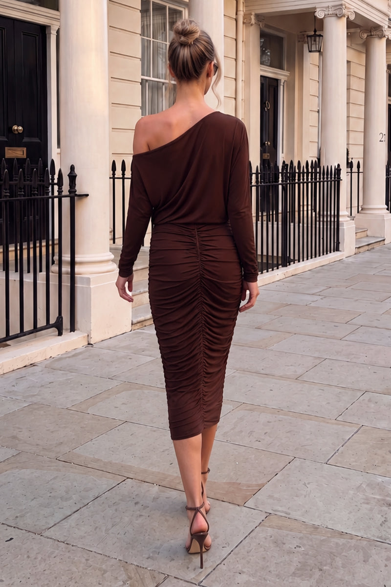 Chocolate Off The Shoulder Ruched Midi Dress